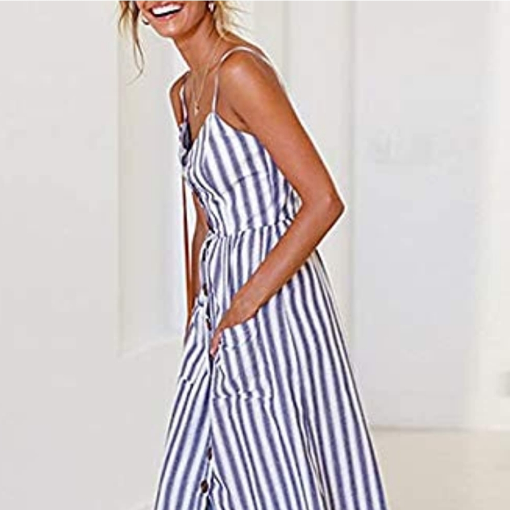 Striped Blue and White Maxi Sundress with Buttons
